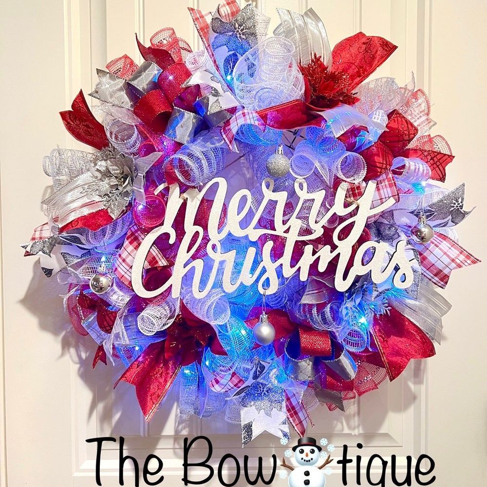 Christmas Poinsettia Holiday Ribbon Door Wreath Handmade 22 ins LED W15